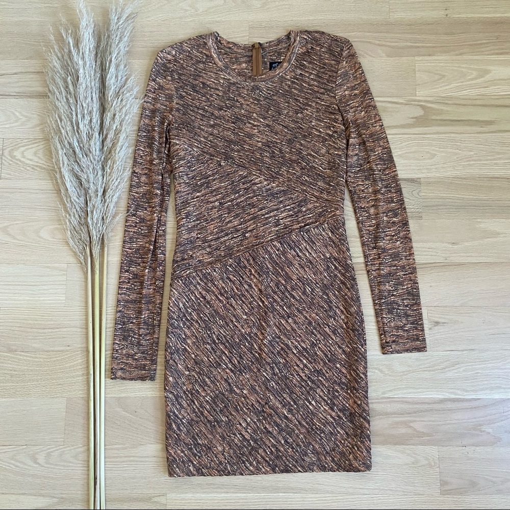 Torn by Ronny Kobo Tara Pleated Long Sleeve Dress in Orange Gold